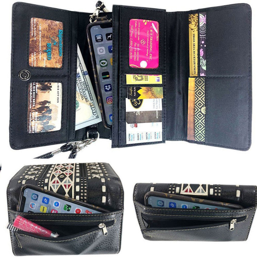 Multi Functional Western Concho Cut Out Trifold Clutch Crossbody Wallet