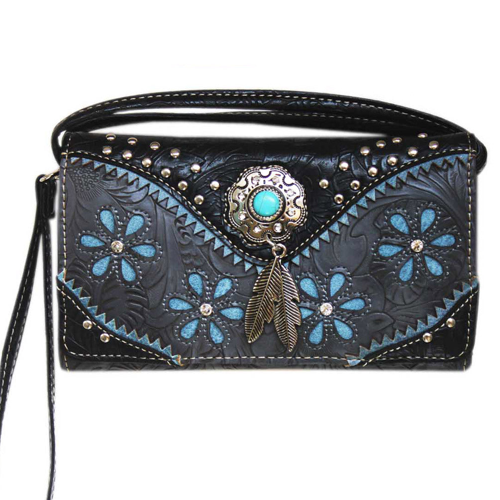 Multi Functional Western Concho Cut Out Trifold Clutch Crossbody Wallet