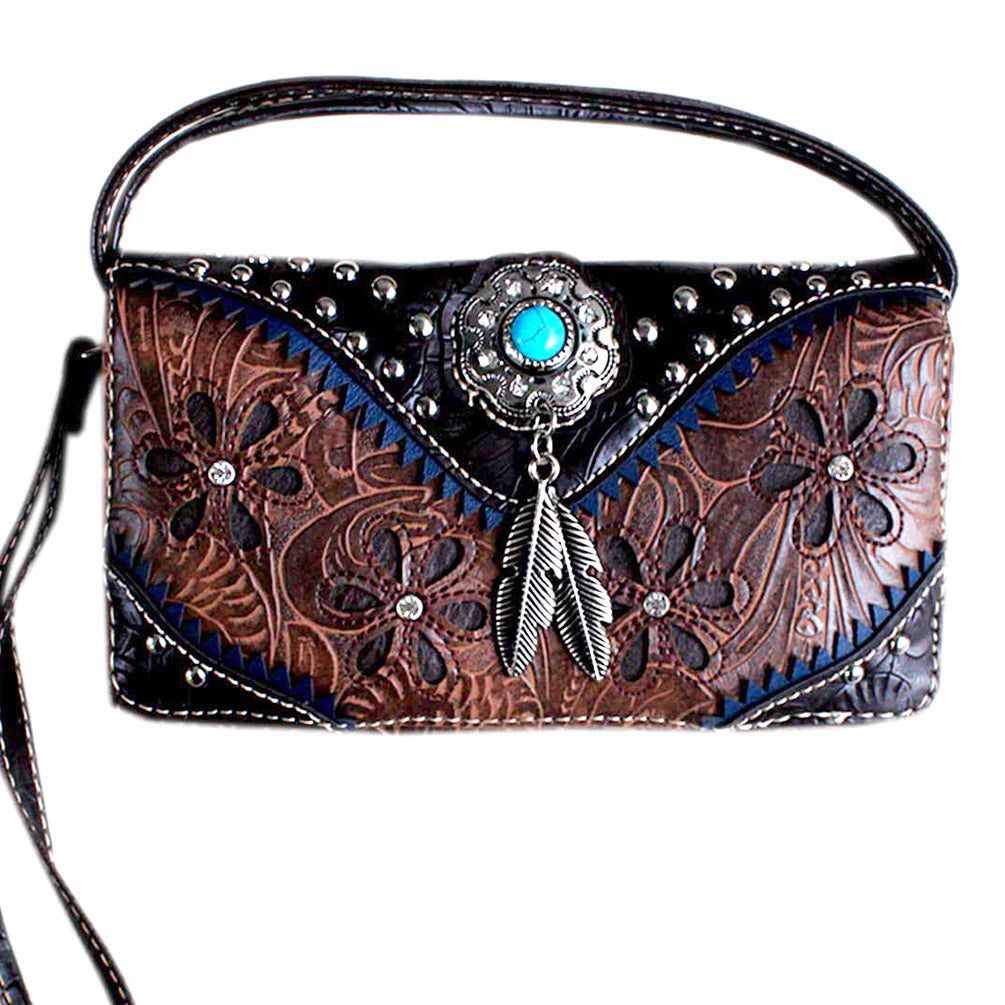 Multi Functional Western Concho Cut Out Trifold Clutch Crossbody Wallet