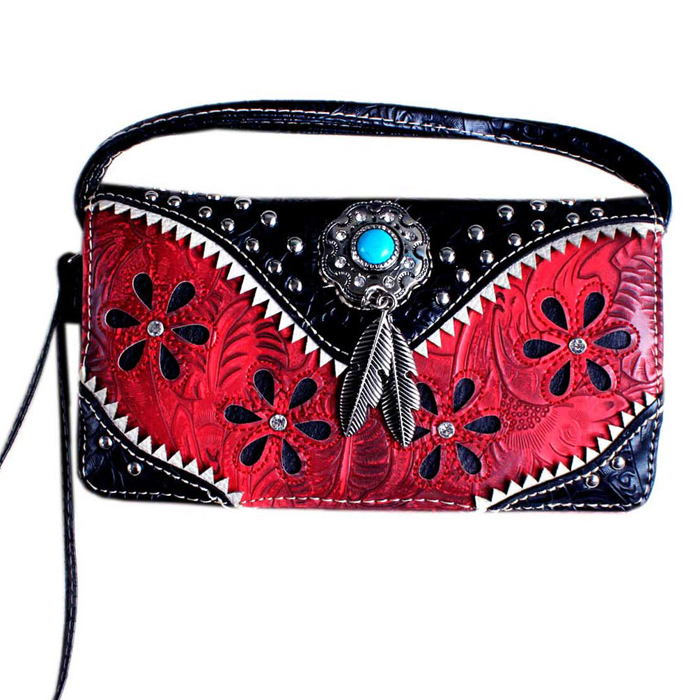 Multi Functional Western Concho Cut Out Trifold Clutch Crossbody Wallet