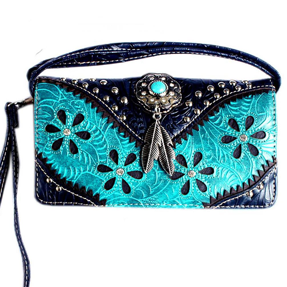 Multi Functional Western Concho Cut Out Trifold Clutch Crossbody Wallet