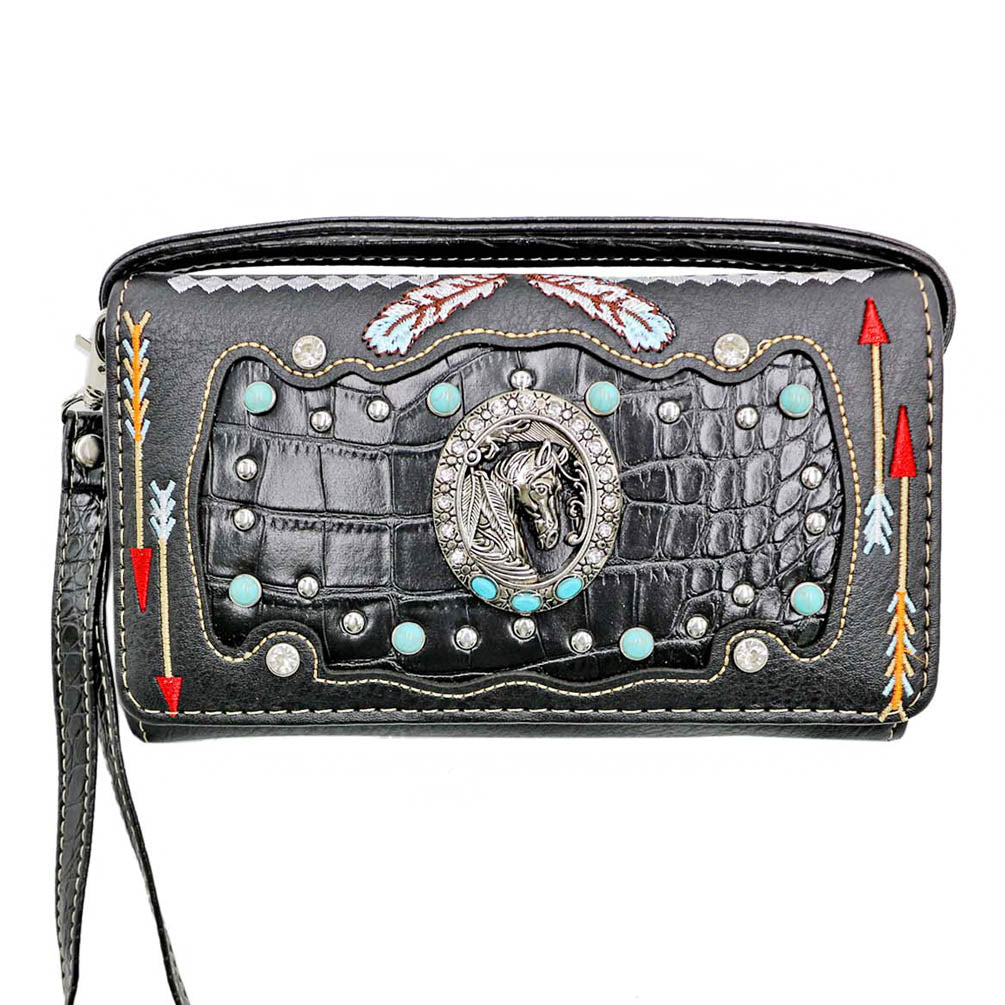 Multi Functional Horse Concho Turquoise Stone Trifold Clutch Crossbody Wallet