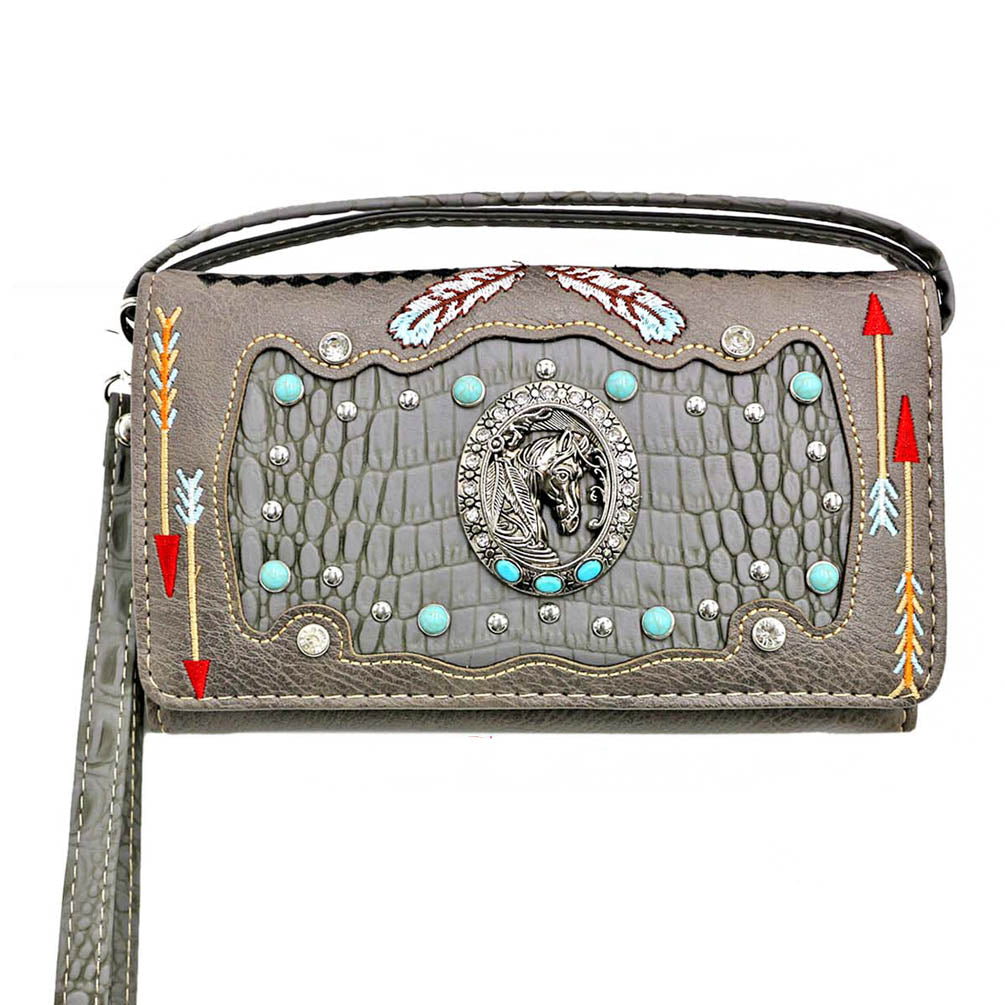 Multi Functional Horse Concho Turquoise Stone Trifold Clutch Crossbody Wallet