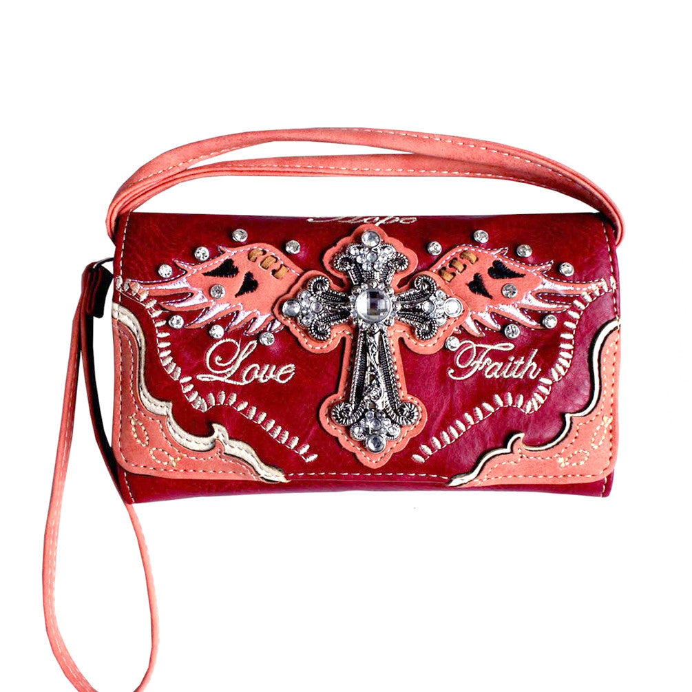 Western Spiritual Cross Wing Embroidery Trifold Crossbody Wallet