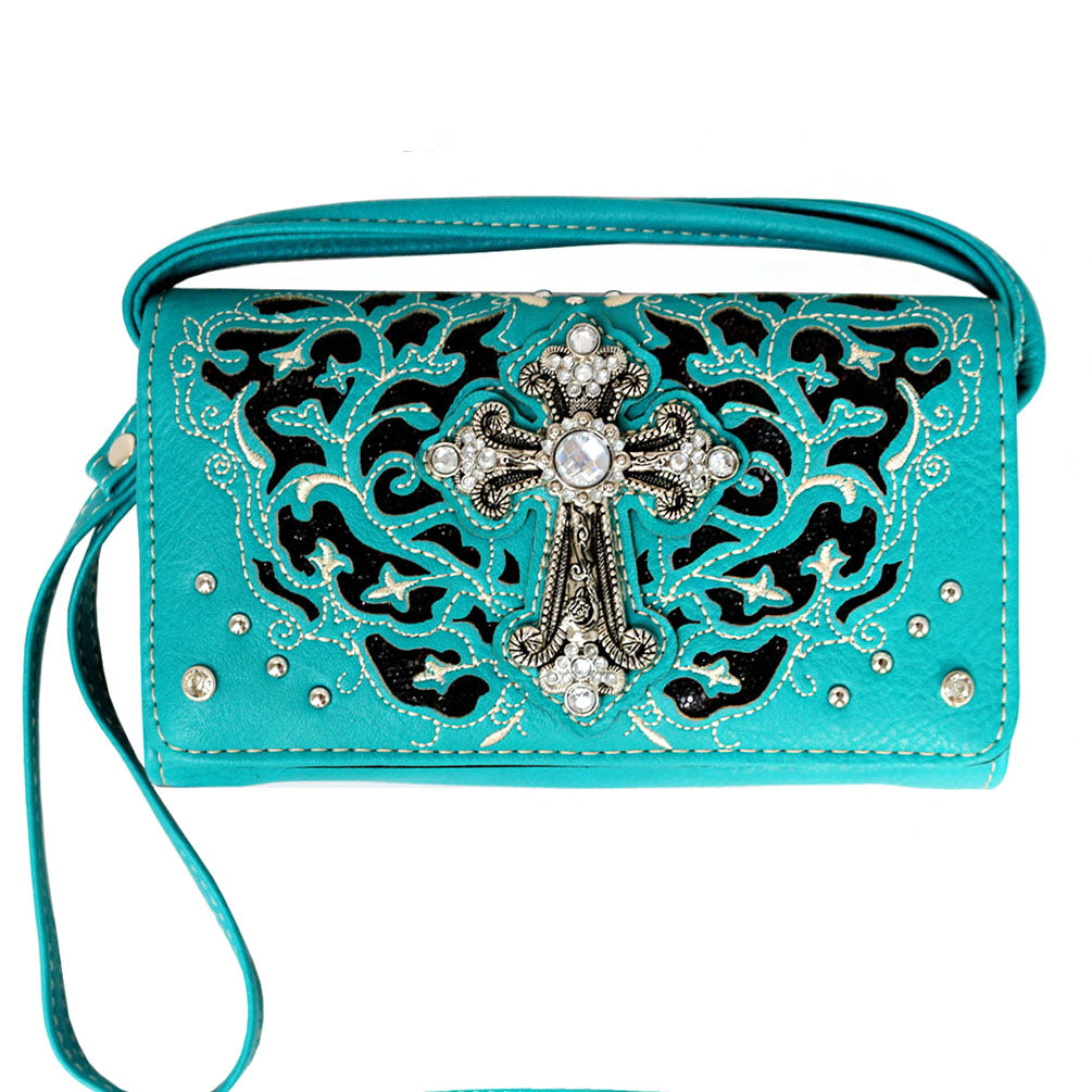 Western Spiritual Cross Embroidery Cut Out Deisgn Trifold Crossbody Wallet