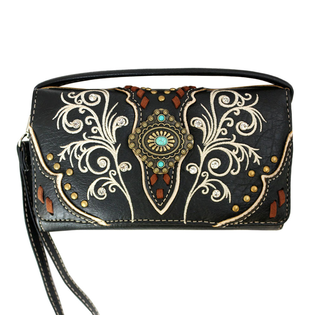 Multi Functional Western Concho Floral Embroidery Trifold Clutch Crossbody Wallet