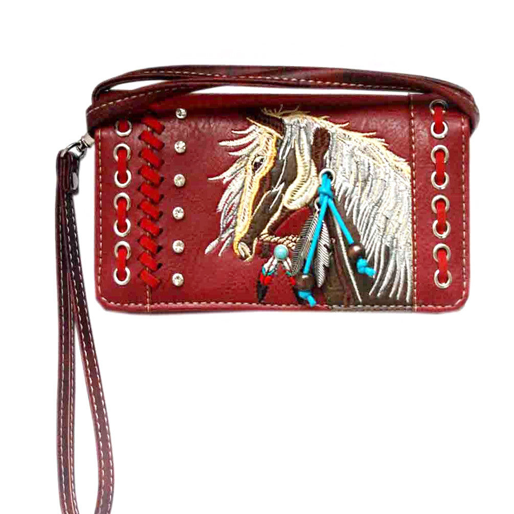 Multi Functional Horse Embroidery Western Trifold Clutch Crossbody Wallet
