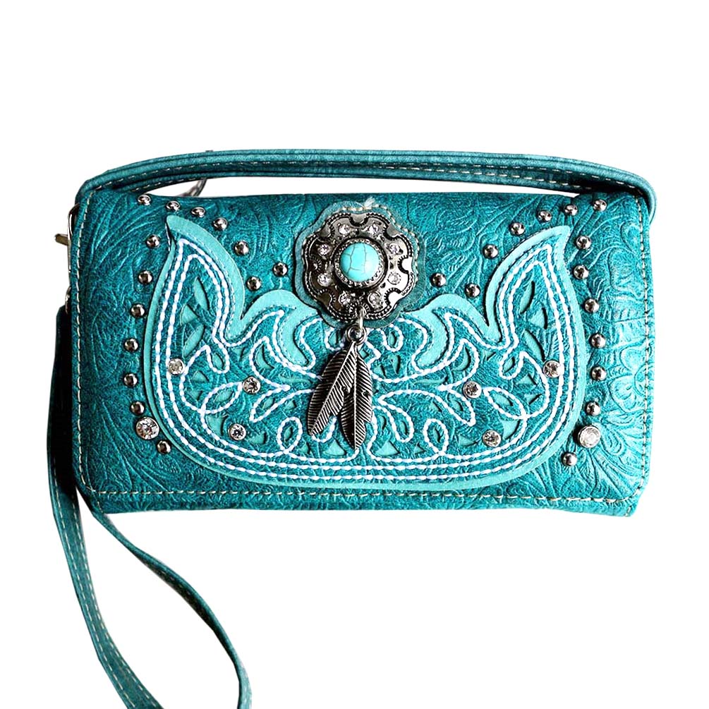 Multi Functional Western Concho Tooling Trifold Clutch Crossbody Wallet