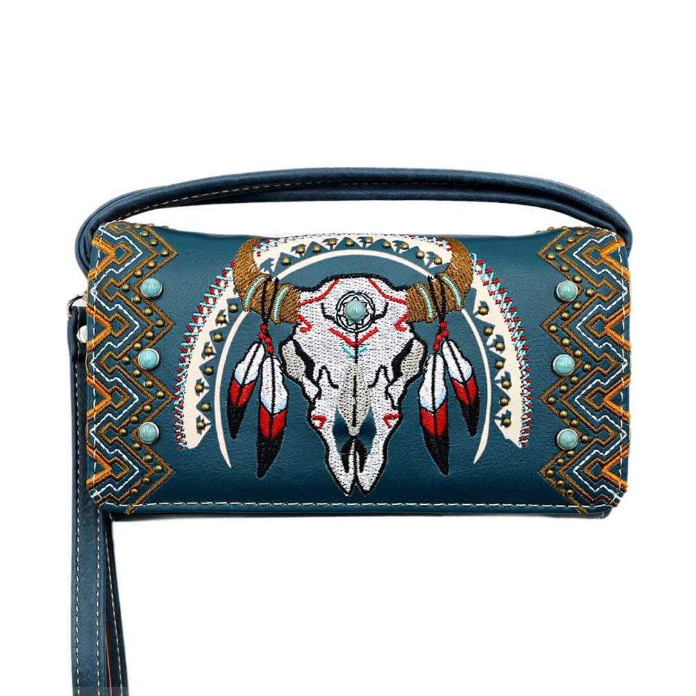 Multi Functional Aztec Skull Embroidery Trifold Clutch Crossbody Wallet