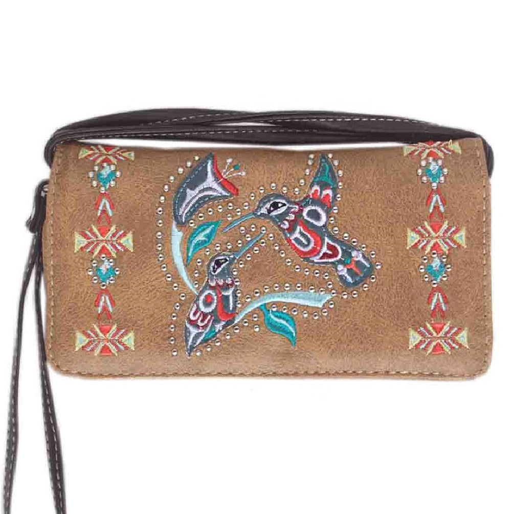 Multi Functional Hummingbird Embroidery Trifold Clutch Crossbody Wallet