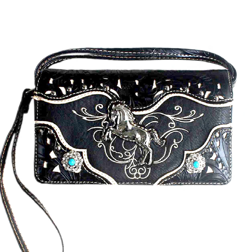 Multi Functional Western Horse Concho Trifold Clutch Crossbody Wallet