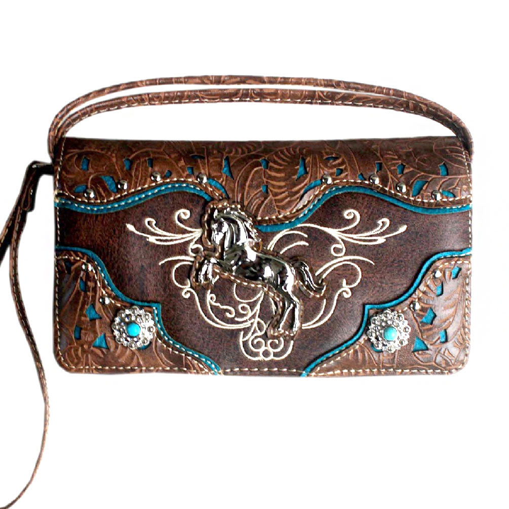 Multi Functional Western Horse Concho Trifold Clutch Crossbody Wallet