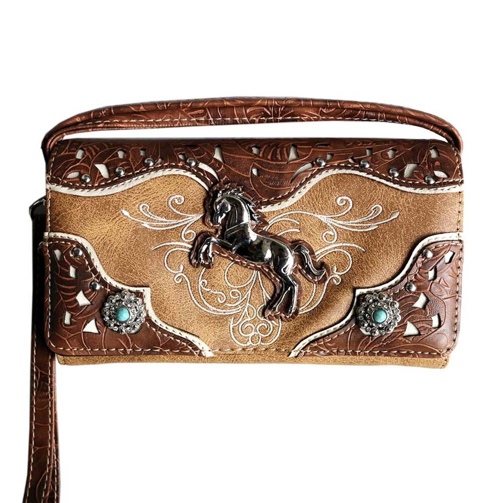 Multi Functional Western Horse Concho Trifold Clutch Crossbody Wallet