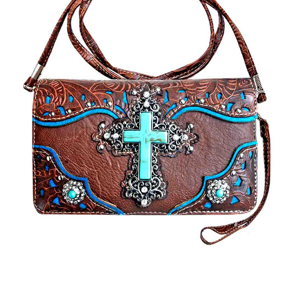 Multi Functional Western Turquoise Stone Cross Concho Trifold  Clutch Crossbody Wallet