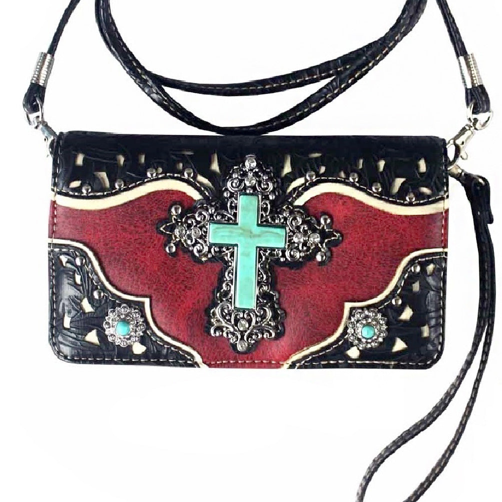 Multi Functional Western Turquoise Stone Cross Concho Trifold  Clutch Crossbody Wallet