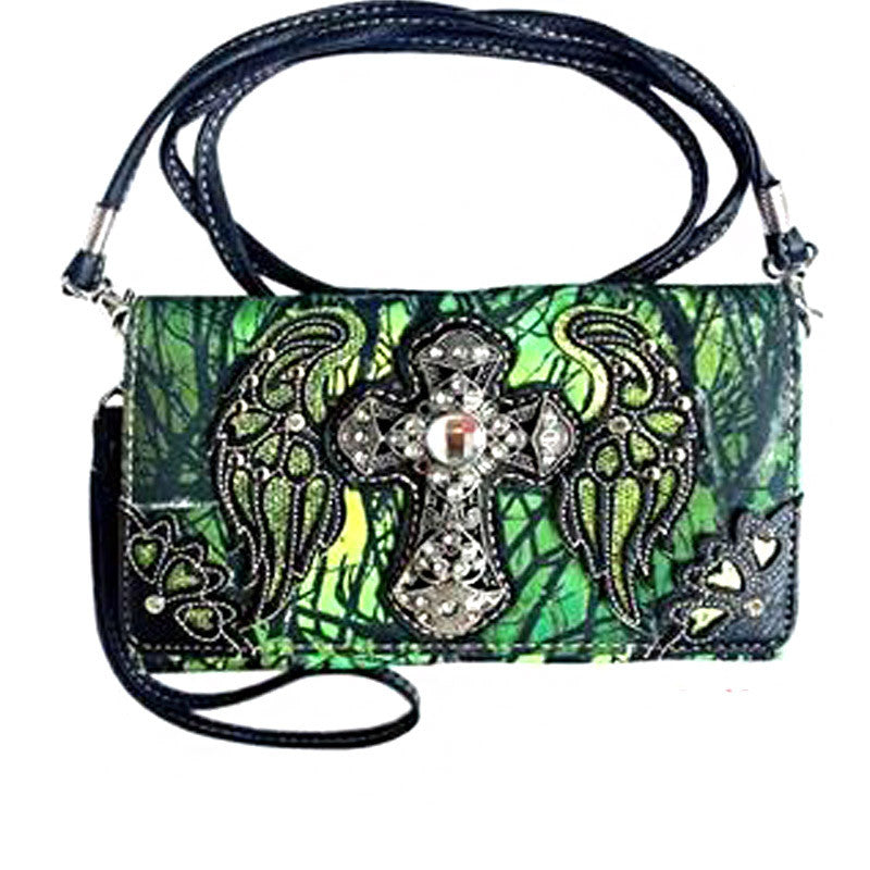 Multi Functional Spiritual Cross Colorful Camouflage Trifold  Clutch Crossbody Wallet