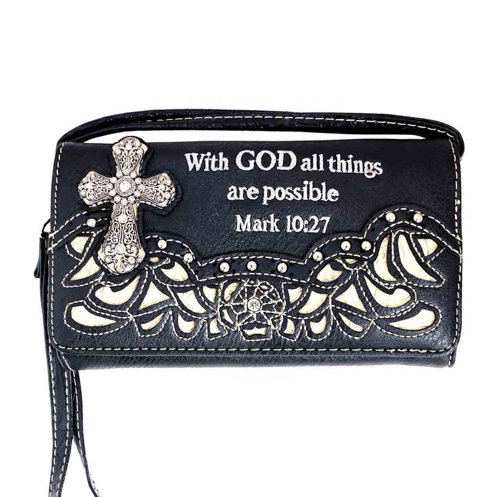 Multi Functional Spiritual Cross Bible Verse Cut-off Design Trifold Clutch Crossbody Wallet