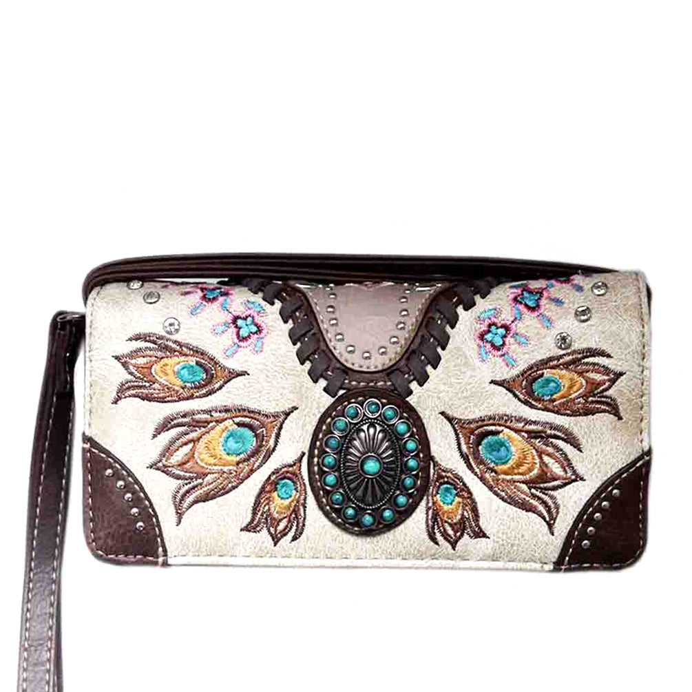 Multi Functional Peacock Feather Embroidery Western Concho Trifold Clutch Crossbody Wallet