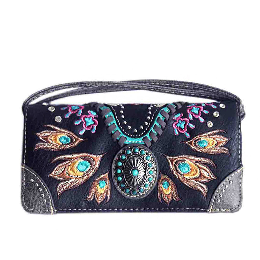 Multi Functional Peacock Feather Embroidery Western Concho Trifold Clutch Crossbody Wallet