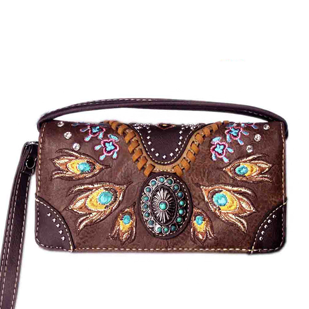 Multi Functional Peacock Feather Embroidery Western Concho Trifold Clutch Crossbody Wallet