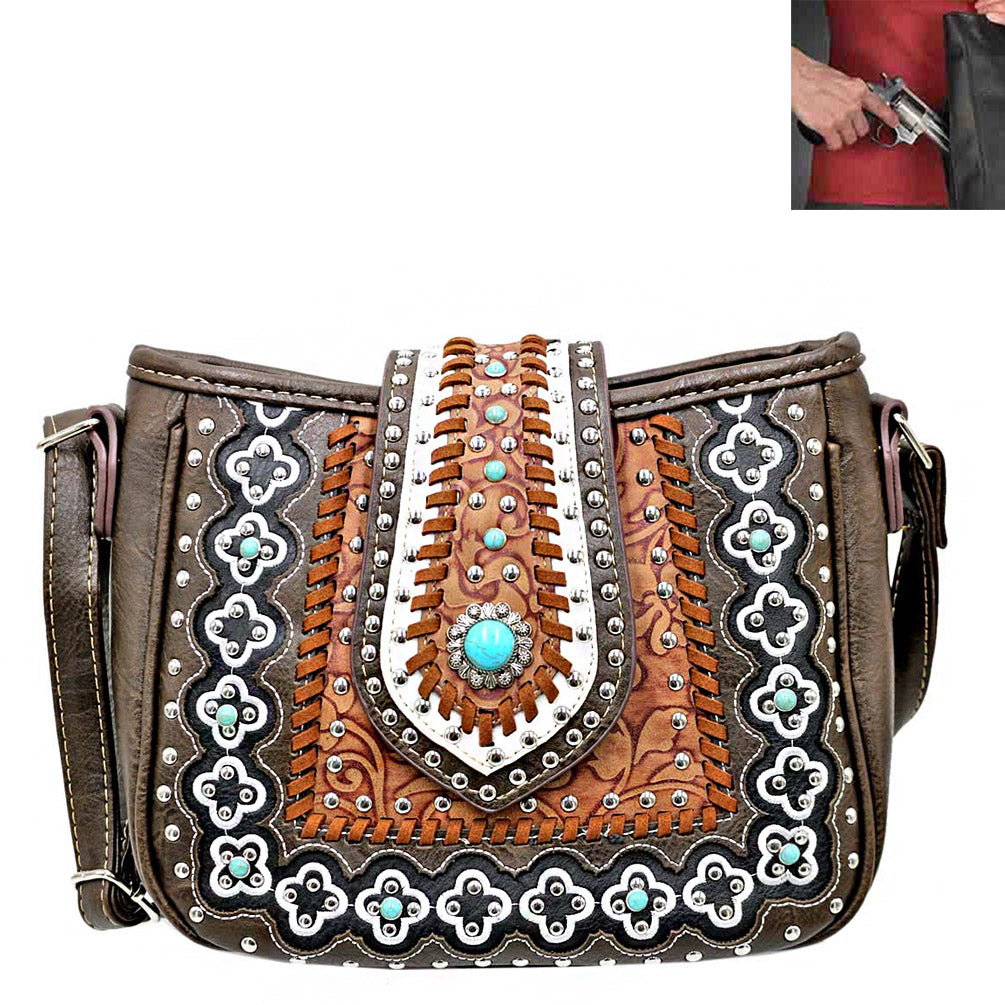 Concealed Carry Western Concho Tooling Embroidery Crossbody Bag