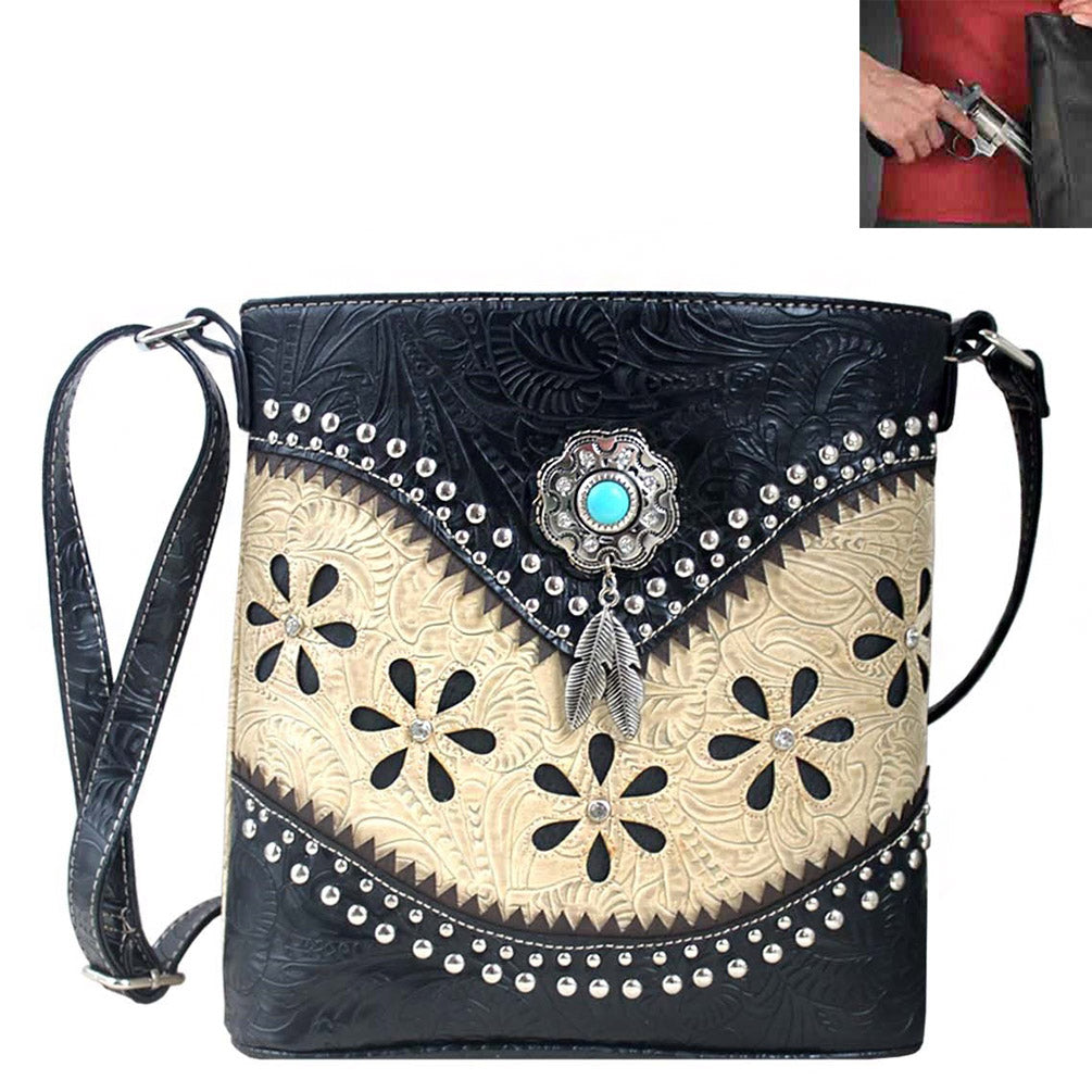 Concealed Carry Concho Tooling Floral Cut-out Crossbody Bag