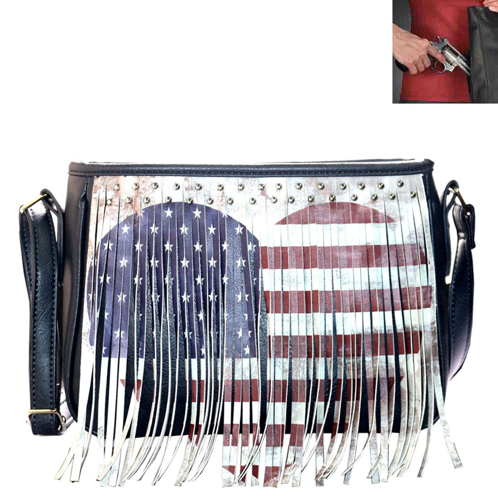 Concealed Carry U.S. Flag Fringe Rhinestone Studded Crossbody Bag