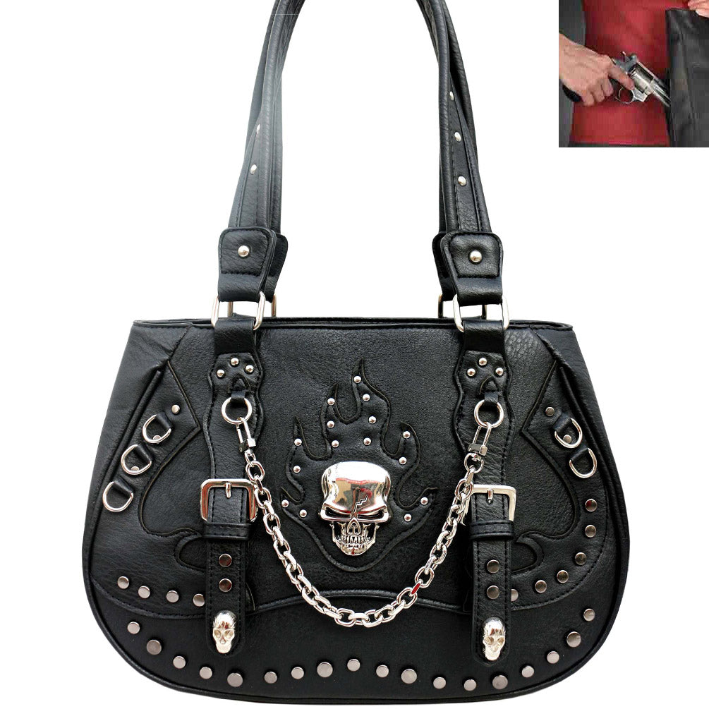 Concealed Carry Skull Concho Chain Decorated Studded Shoulder Bag