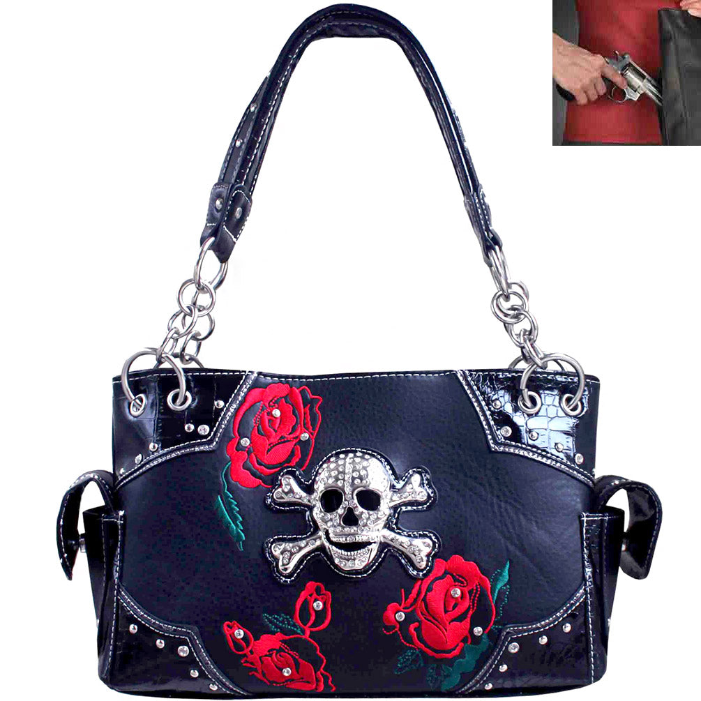 Concealed Carry Sugar Skull Rose Embroidery Studded Shoulder Bag