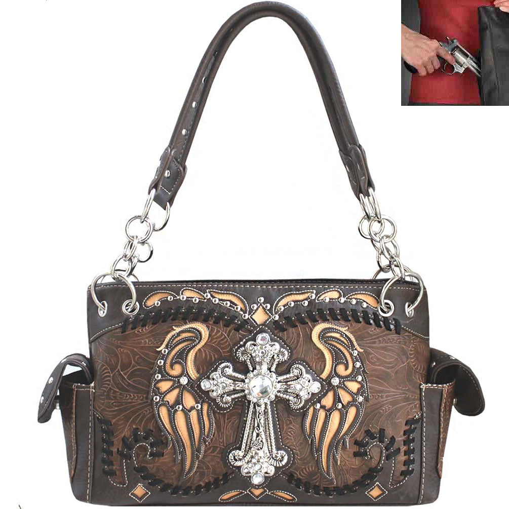 Concealed Carry Western Spiritual Cross Wing Design Tooling Shoulder Bag
