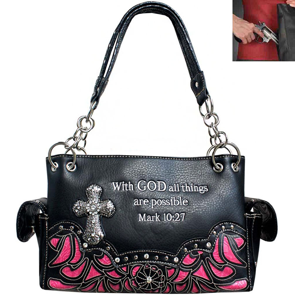 Concealed Carry Western Spiritual Cross Bible Verse Floral Design Shoulder Bag
