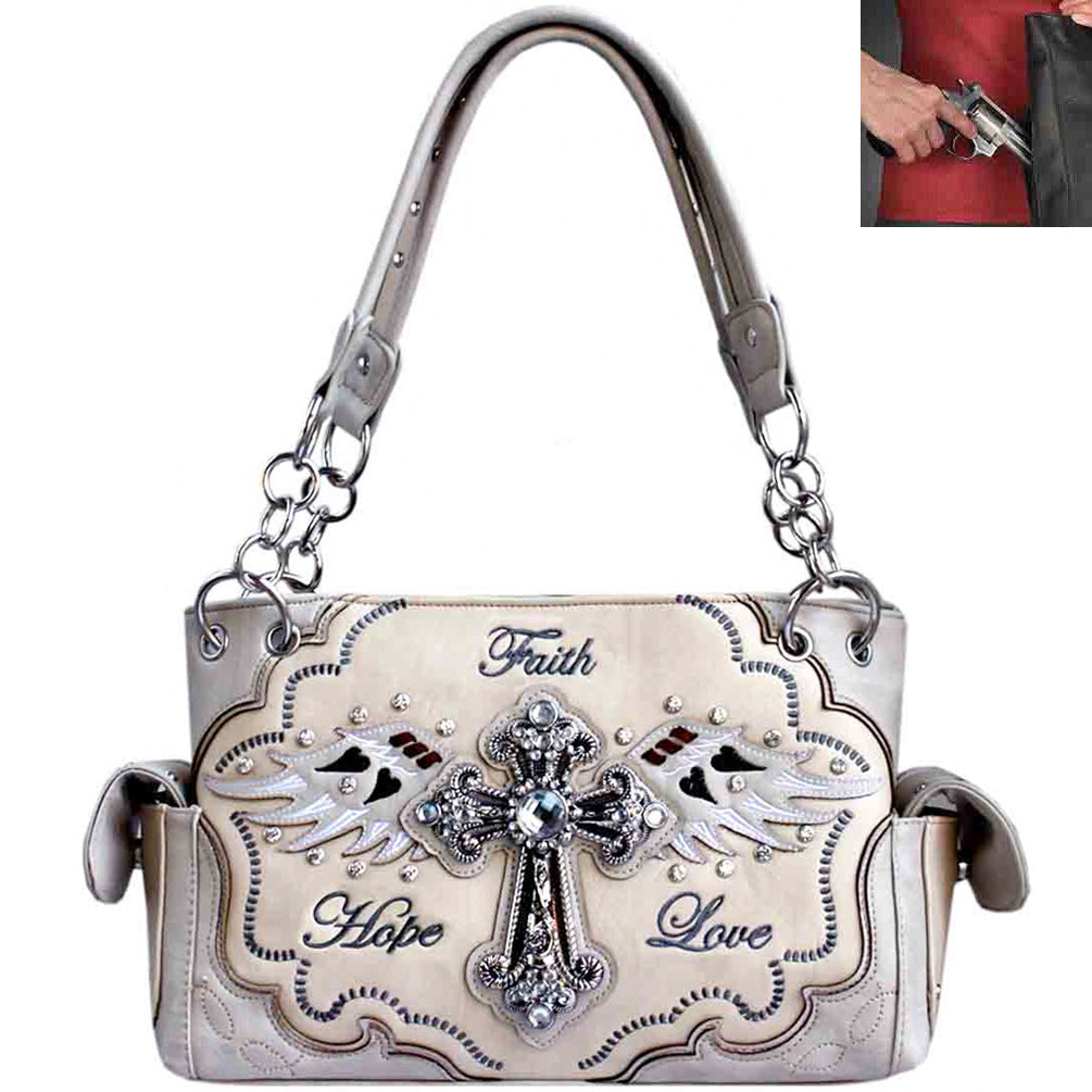 Concealed Carry Western Rhinestone Spiritual Cross Wing Design Shoulder Bag