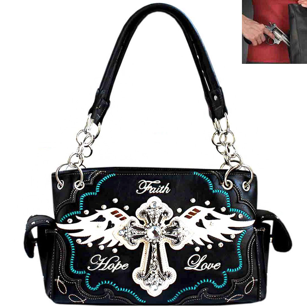 Concealed Carry Western Rhinestone Spiritual Cross Wing Design Shoulder Bag