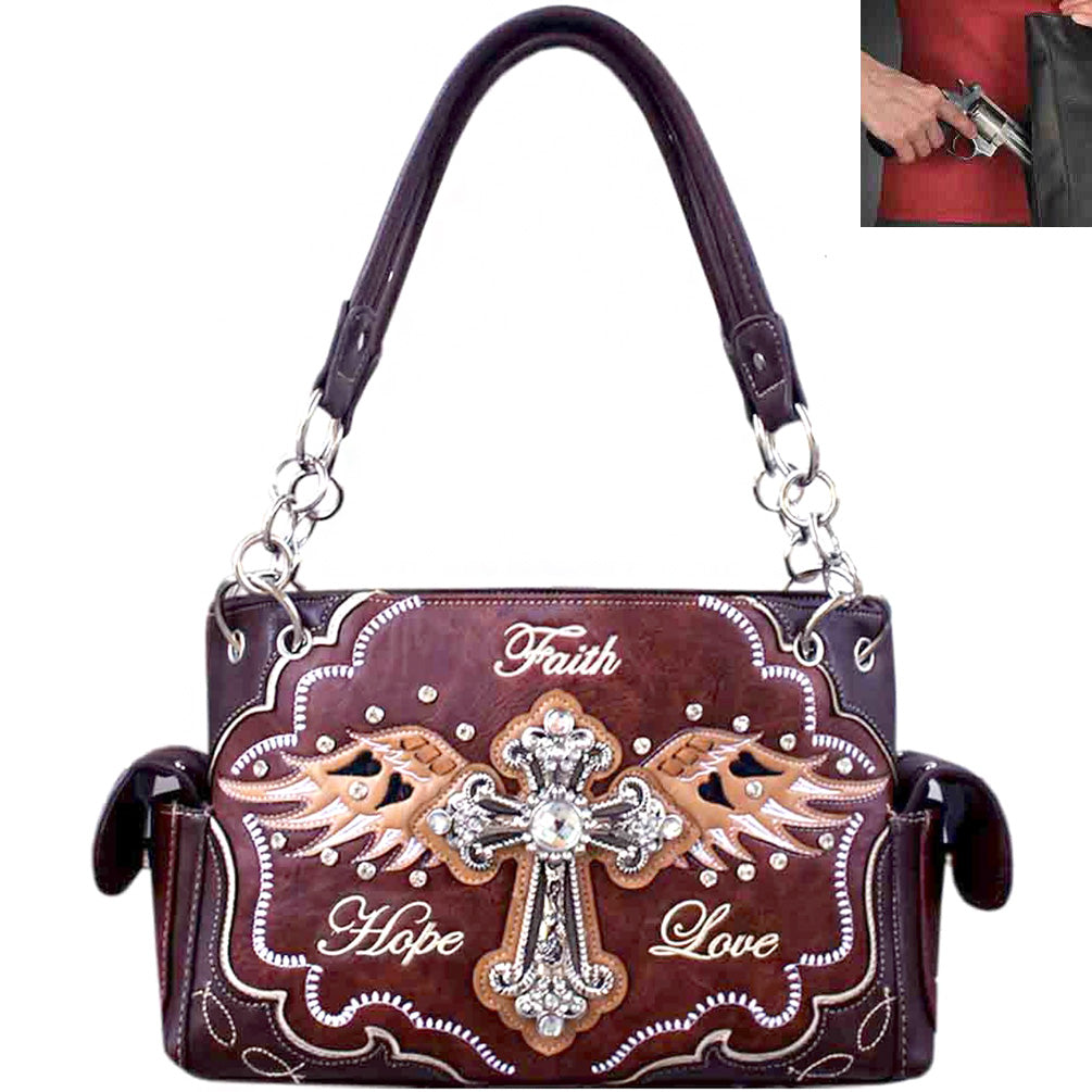 Concealed Carry Western Rhinestone Spiritual Cross Wing Design Shoulder Bag