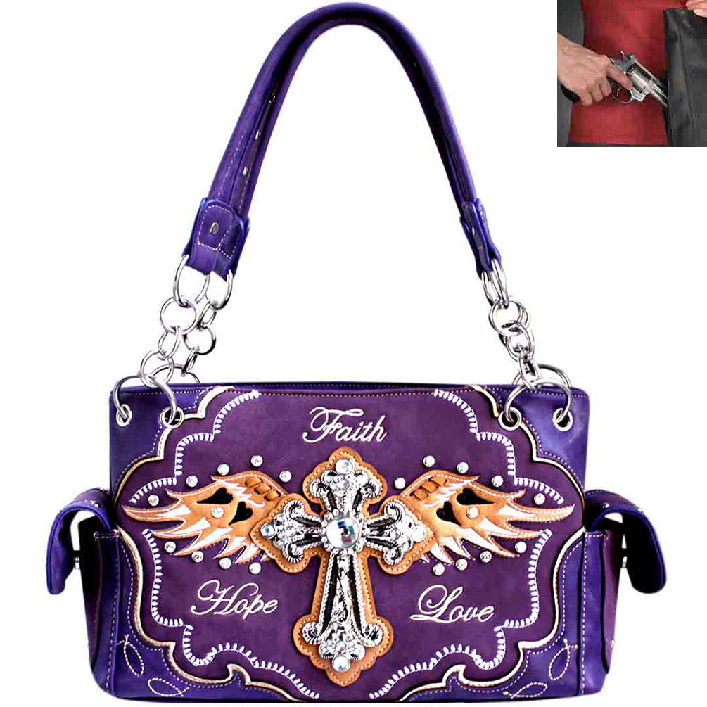 Concealed Carry Western Rhinestone Spiritual Cross Wing Design Shoulder Bag