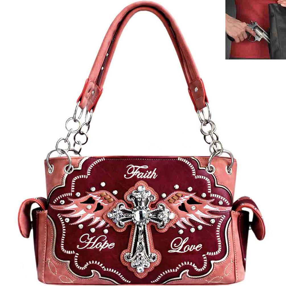 Concealed Carry Western Rhinestone Spiritual Cross Wing Design Shoulder Bag