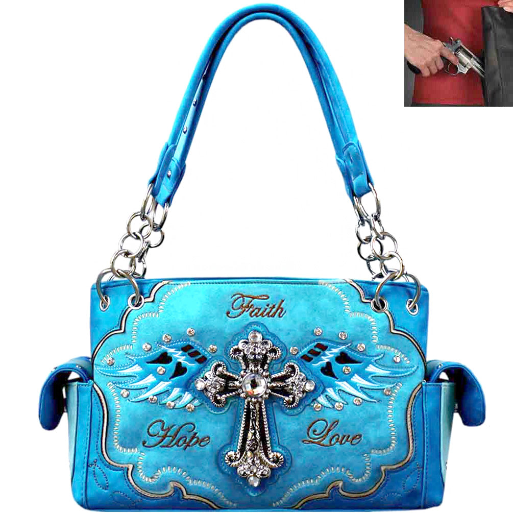 Concealed Carry Western Rhinestone Spiritual Cross Wing Design Shoulder Bag