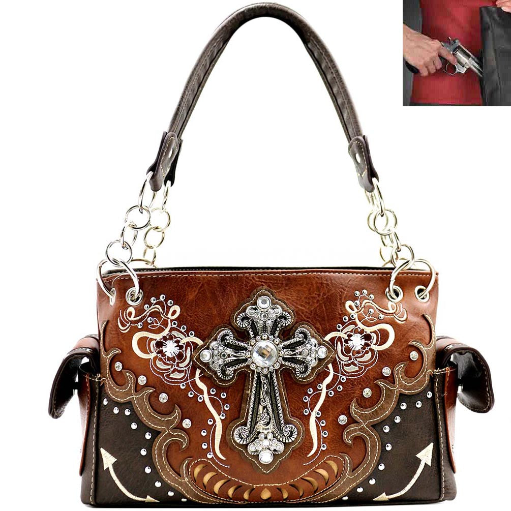 Concealed Carry Western Spiritual Cross Floral Design Shoulder Bag
