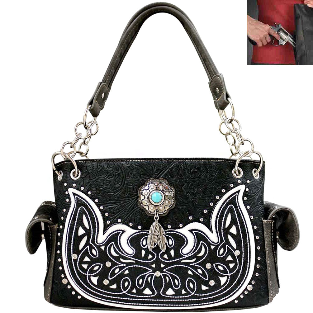 Concealed Carry Turquoise Stoned Concho Tooling Western Shoulder Bag
