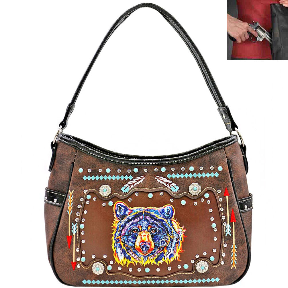 Concealed Carry Western Bear Print Turquoise Stone Hobo Bag
