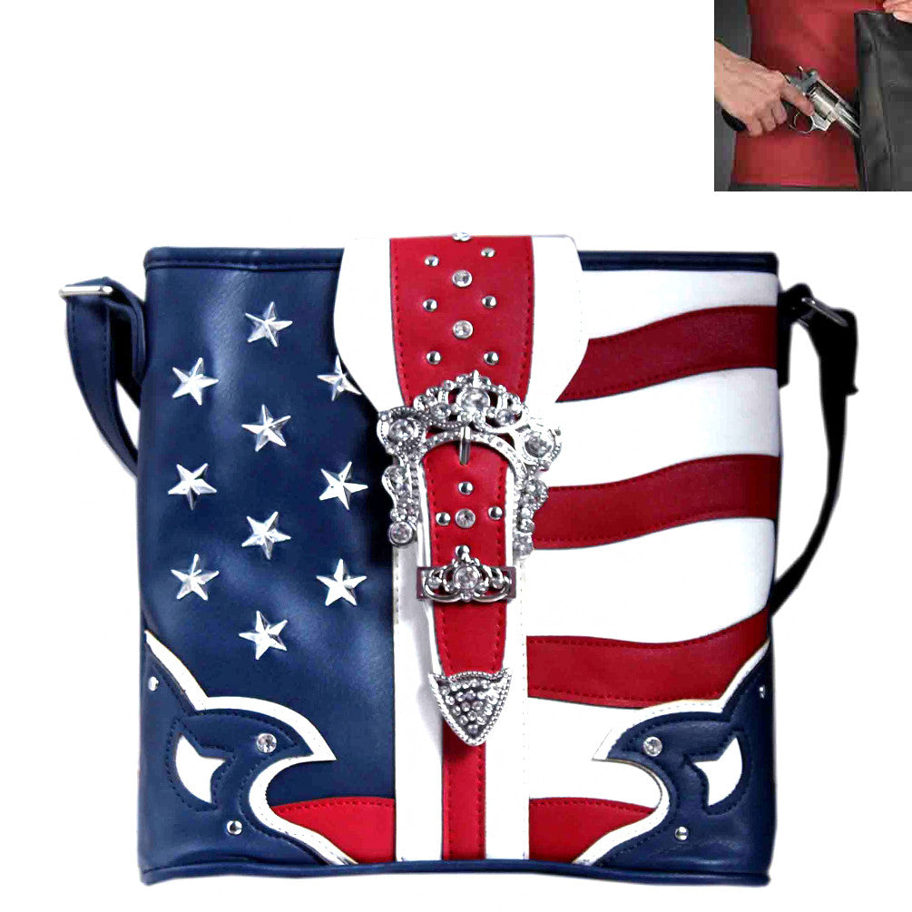 Concealed Carry Buckle Tooling Studded Western U.S. Flag Design Crossbody Bag