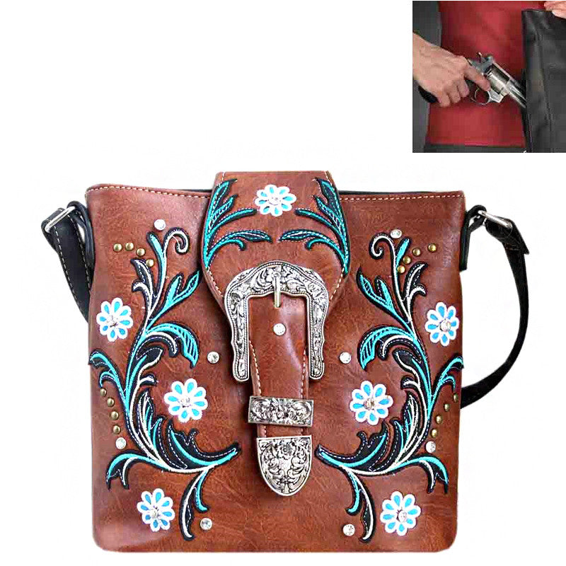 Concealed Carry Buckle Tooling Studded Design Crossbody Bag