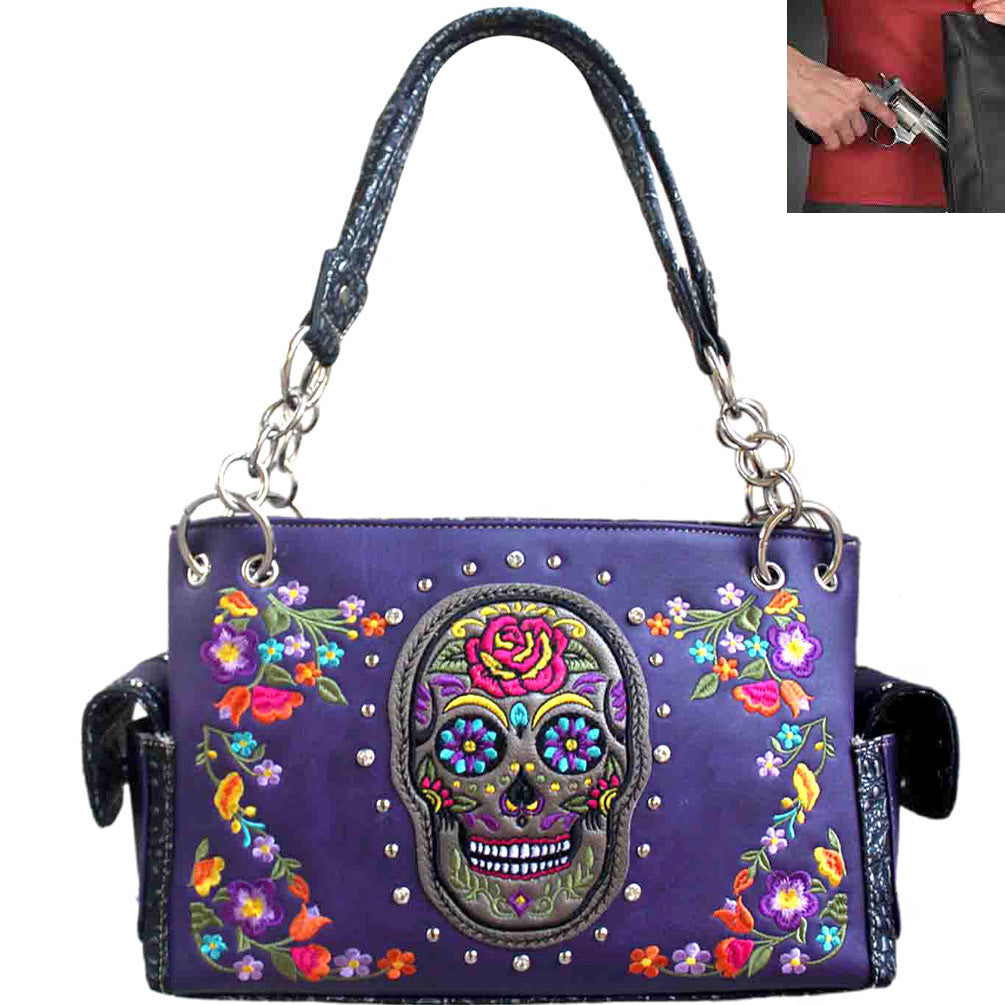 Concealed Carry Sugar Skull Embroidery Floral Shoulder Bag