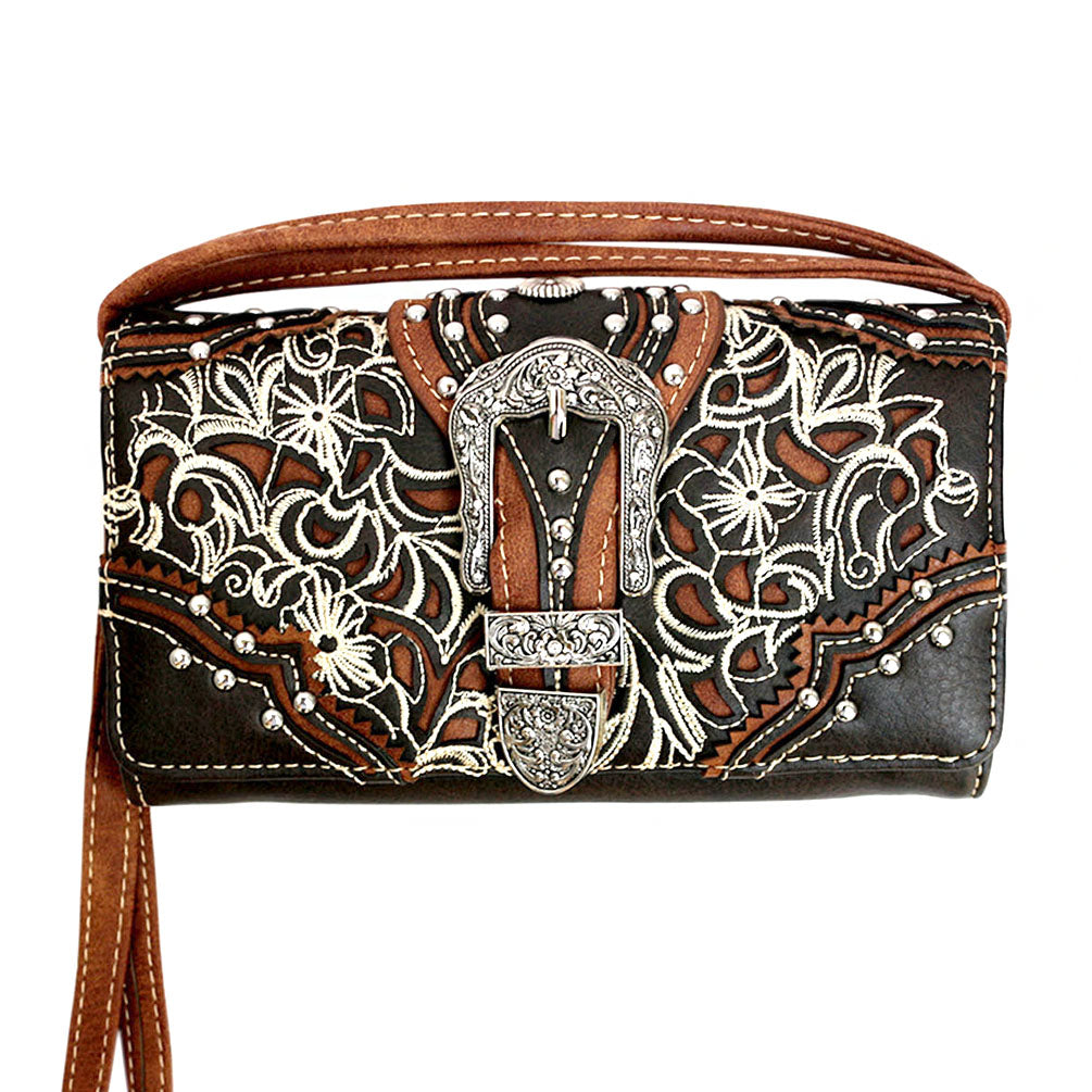 Multi Functional Western Buckle Trifold  Clutch Crossbody Wallet With Back Pouch