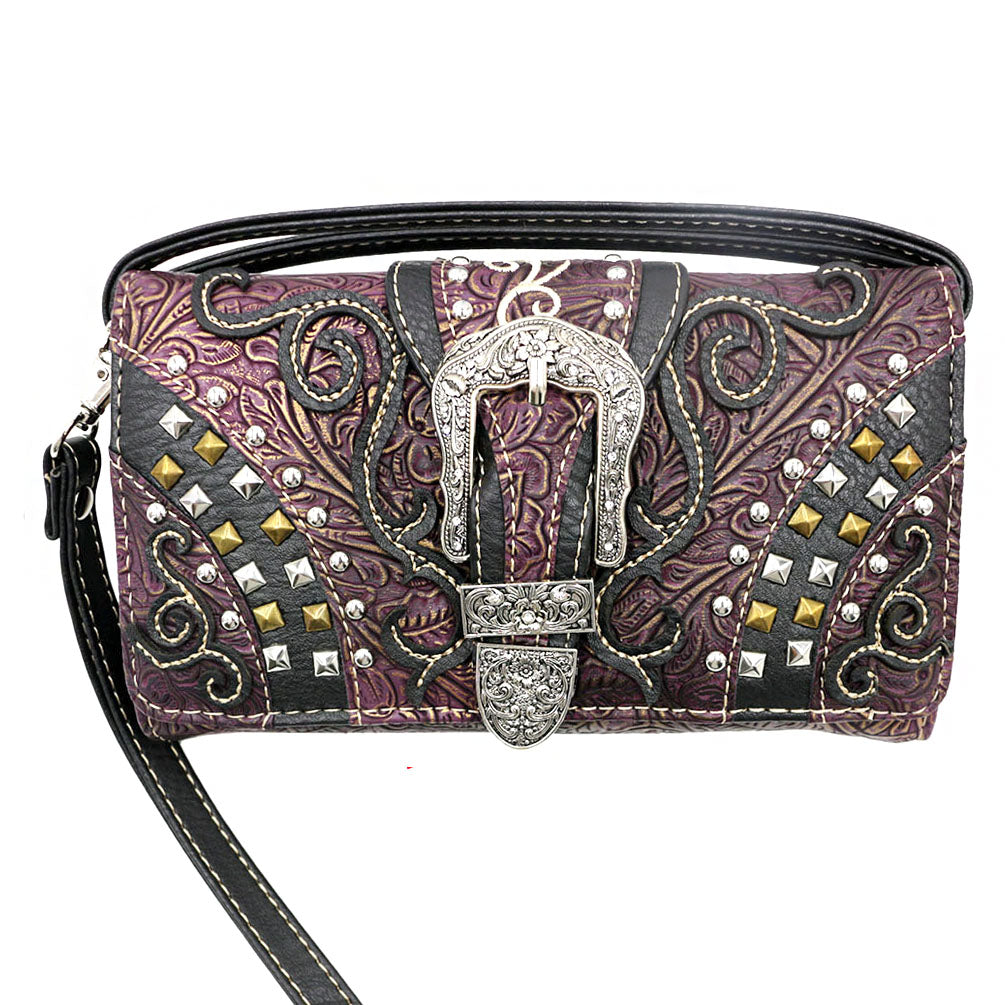 Multi Functional Western Buckle Trifold Studded Clutch Crossbody Wallet With Back Pouch