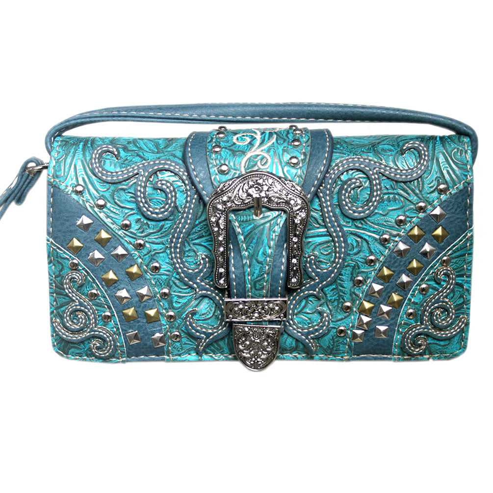 Multi Functional Western Buckle Trifold Studded Clutch Crossbody Wallet With Back Pouch