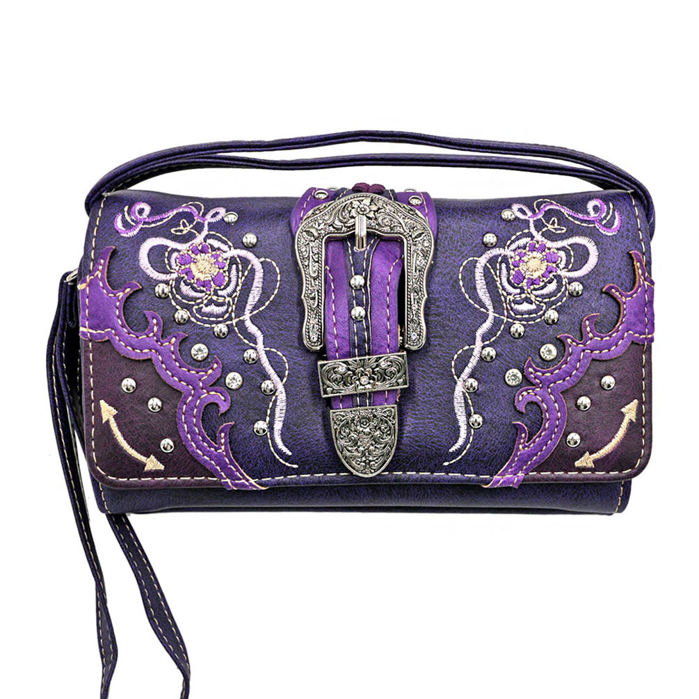 Multi Functional Western Buckle Embroidery Trifold  Clutch Crossbody Wallet with Back Pouch