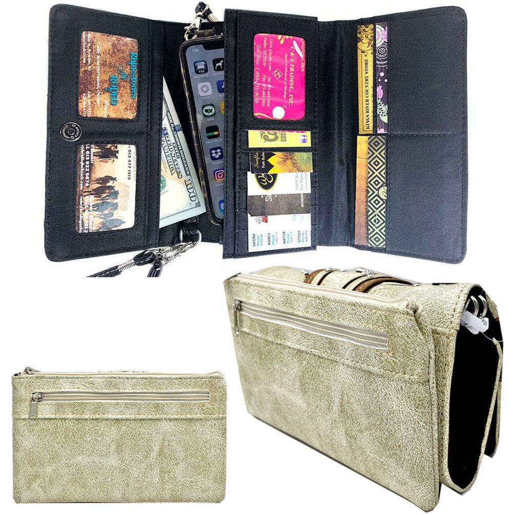 Multi Functional Western Buckle Cut Out Trifold  Clutch Crossbody Wallet with Back Pouch
