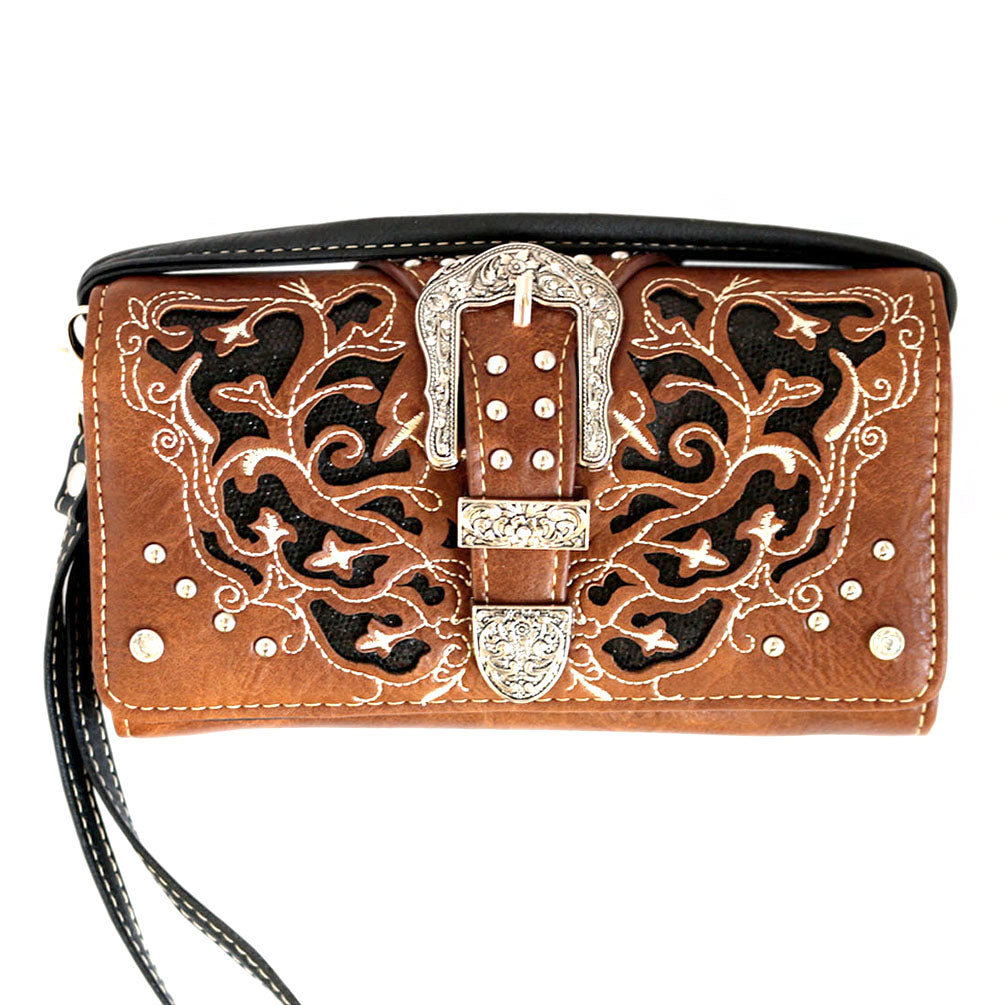 Multi Functional Western Buckle Cut Out Trifold  Clutch Crossbody Wallet with Back Pouch