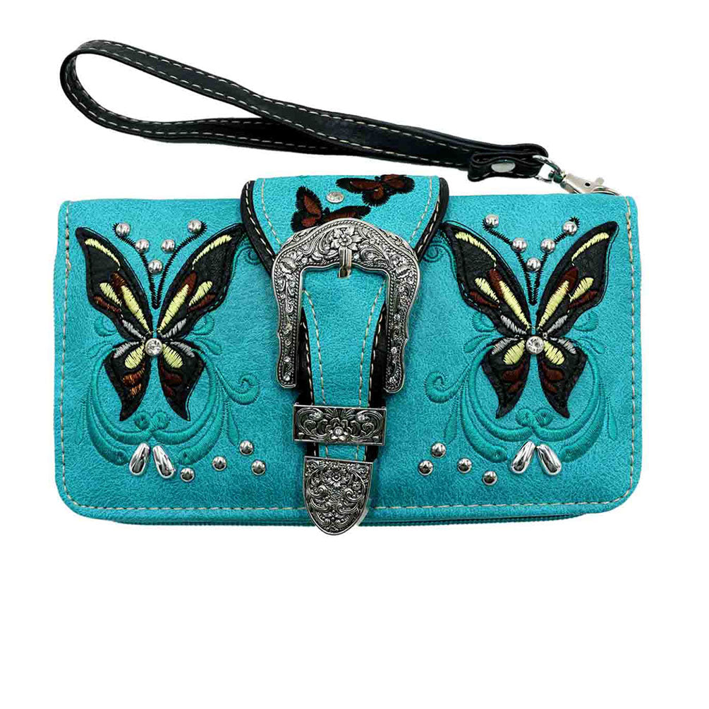 Concealed Carry Western Buckle Butterfly Floral Embroidery Crossbody Wallet